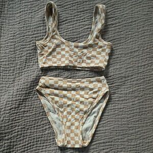 ARQ Checkered Beige and White Women's Bra and Underwear Set (XS/S)